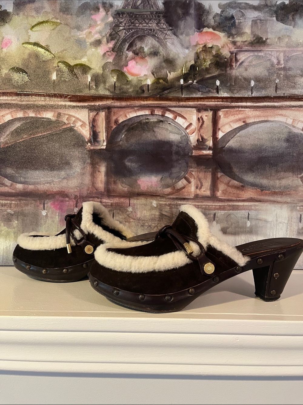 Coach Brown Suede Shearling-Trim Clog Mules